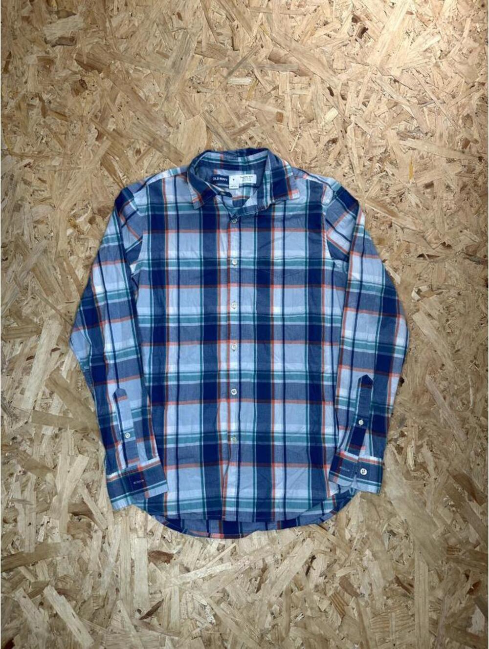 Old Navy Everyday Shirt Mens Small Blue Orange Plaid Built-In Flex Long Sleeve